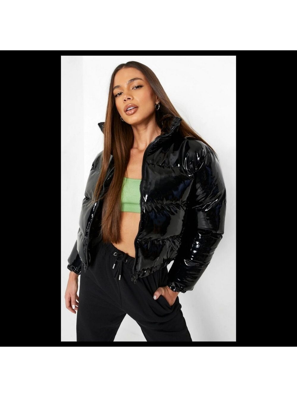 💋BOOHOO BLACK HIGH SHINE FUNNEL NECK PUFF COAT!!!